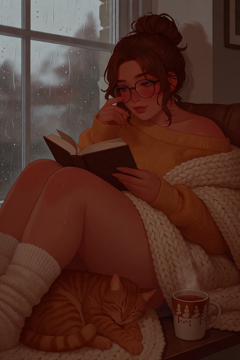 Knee-up. A plump young woman with rosy fair skin and chestnut hair in a loose messy bun sits curled in a wide window seat,...