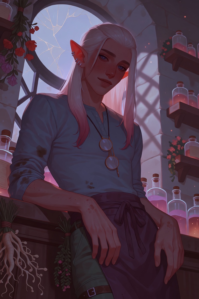 A whimsical,  high-detail fantasy portrait of a young elf-like man leaning against a stone counter in a moonlit apothecary...