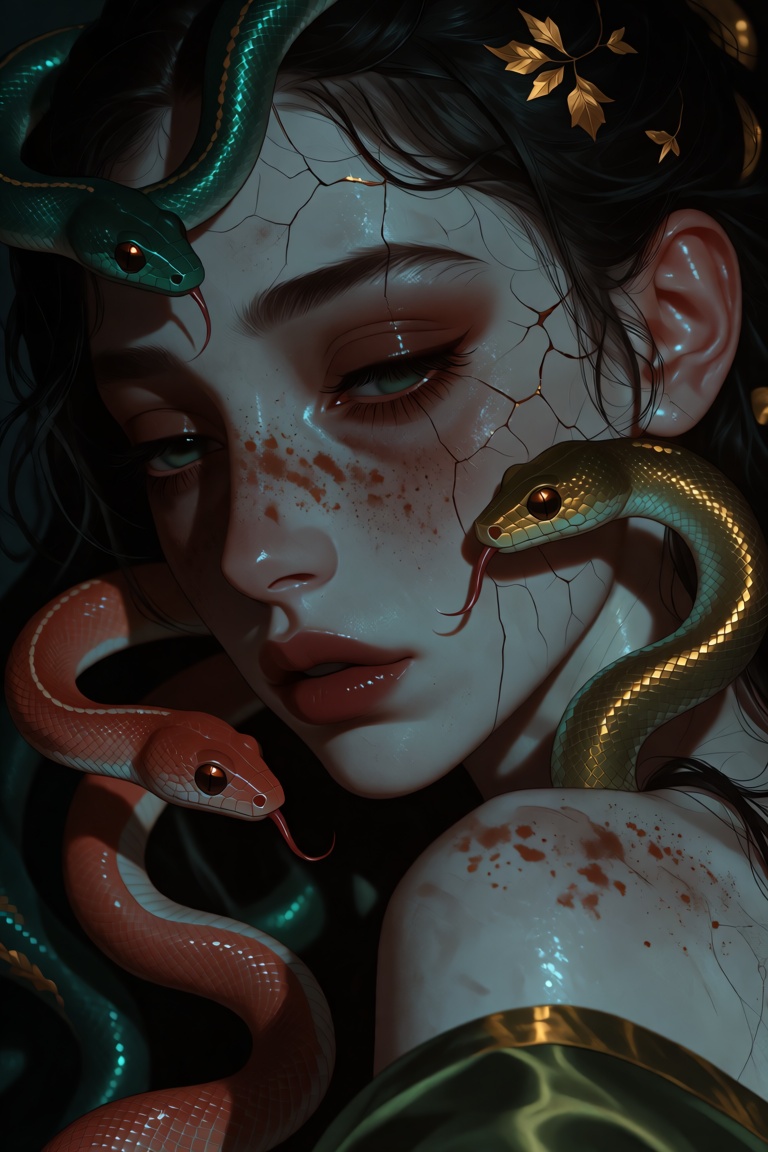 Close-up. Medusa's face turned in three-quarter view,  pale marble-gray skin dusted with stone powder,  her expression wea...