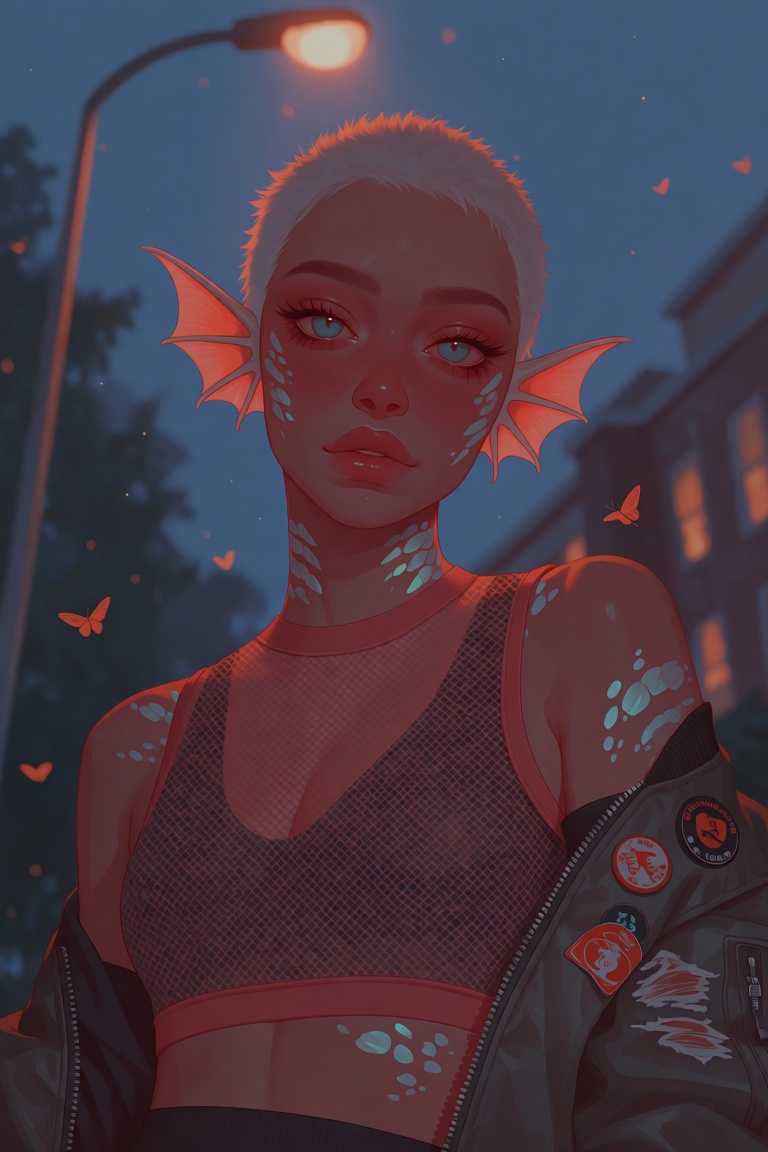 A whimsical,  high-detail fantasy portrait of a young woman with short bleached buzzcut and delicate fin-membraned ears wi...