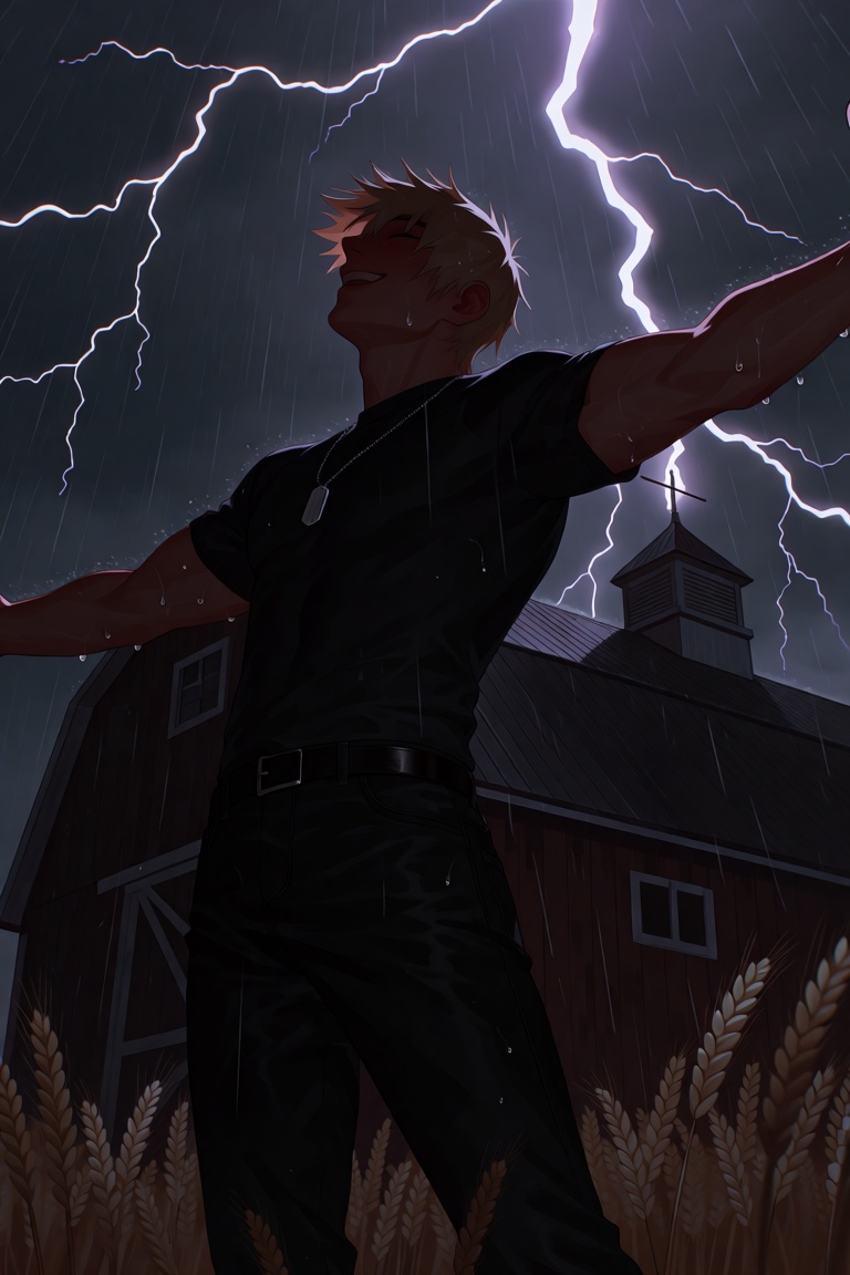 A dramatic low-angle waist-up shot of a young man with ash-blond hair plastered vertical by rain,  standing on the flat ro...