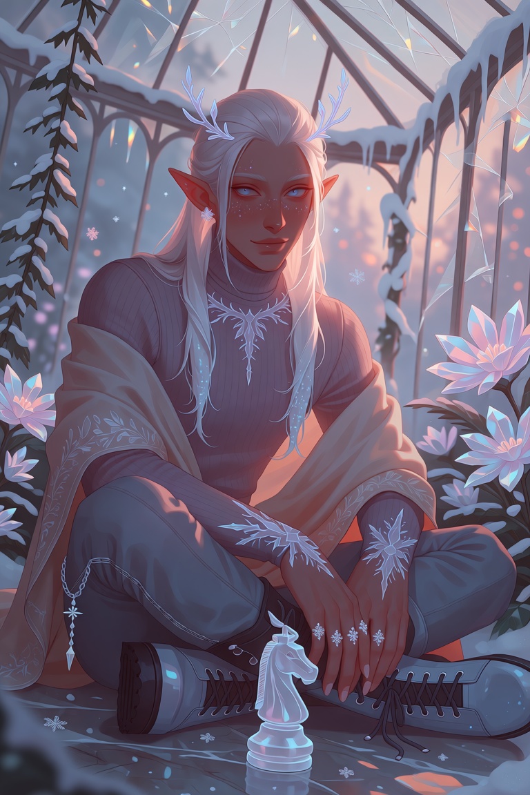 A whimsical,  high-detail fantasy portrait of a young frost-touched man sitting cross-legged on a frozen marble floor in a...