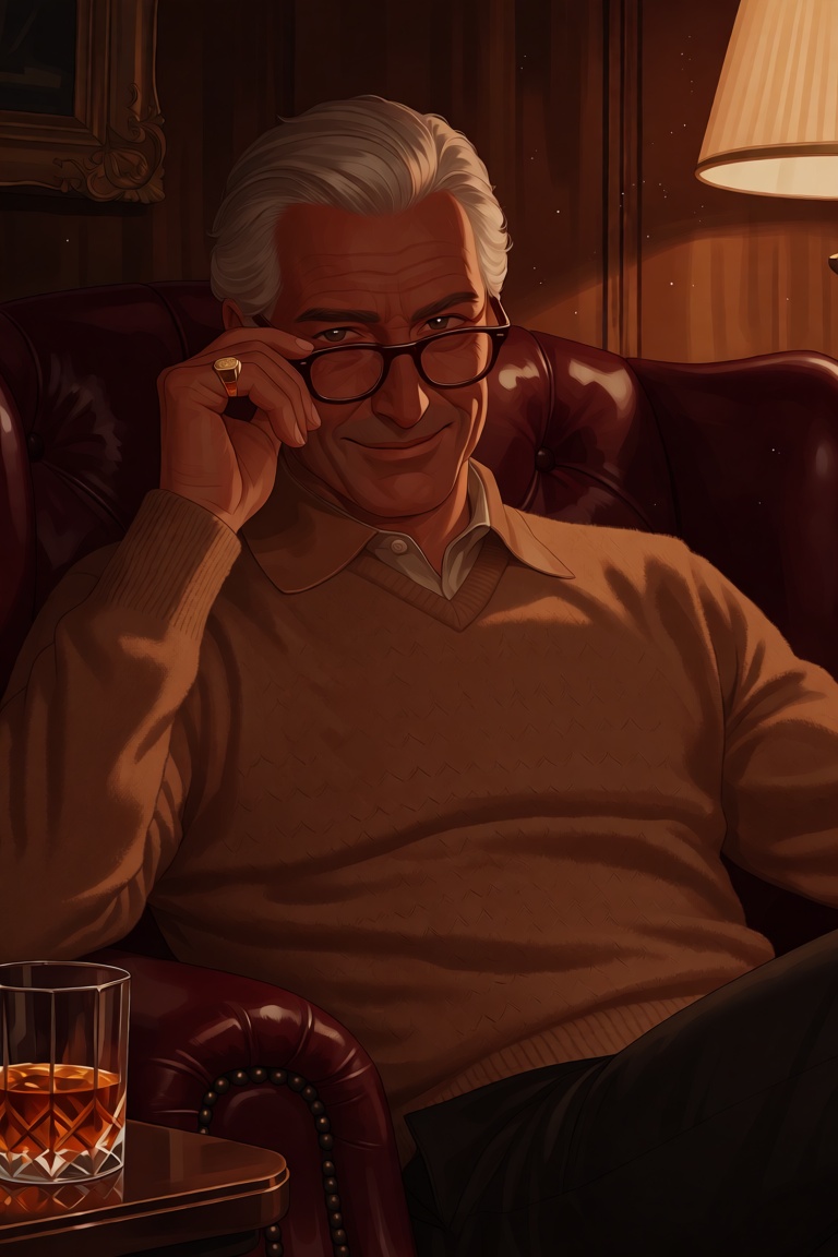 Portrait. An older man in his sixties with silver hair combed back sits in a deep oxblood leather armchair,  reading glass...