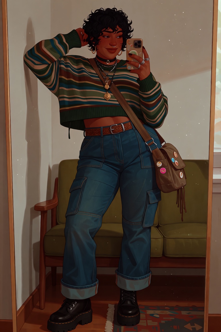 Mature woman,  aged up. Full-body indoor mirror selfie of a chubby woman with short,  curly black hair and soft on Tensor.Art