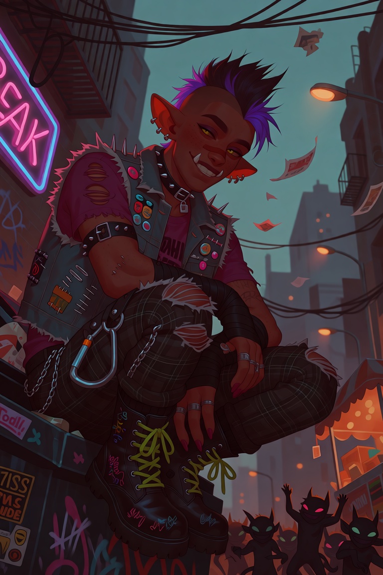 A whimsical,  high-detail fantasy portrait of a young orc-eared man crouching on a graffitied rooftop ledge at twilight,...