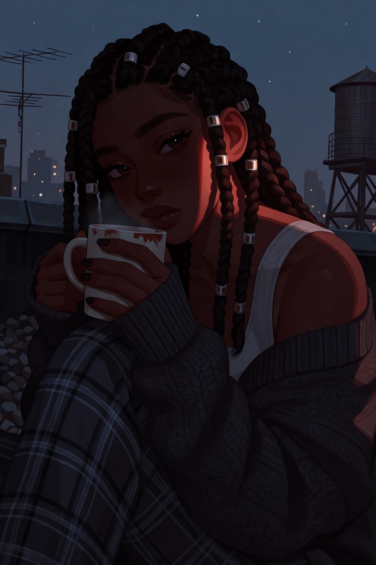 A close-up of a young woman with deep brown skin and box braids beaded with small silver rings,  sitting on the gravel edg...