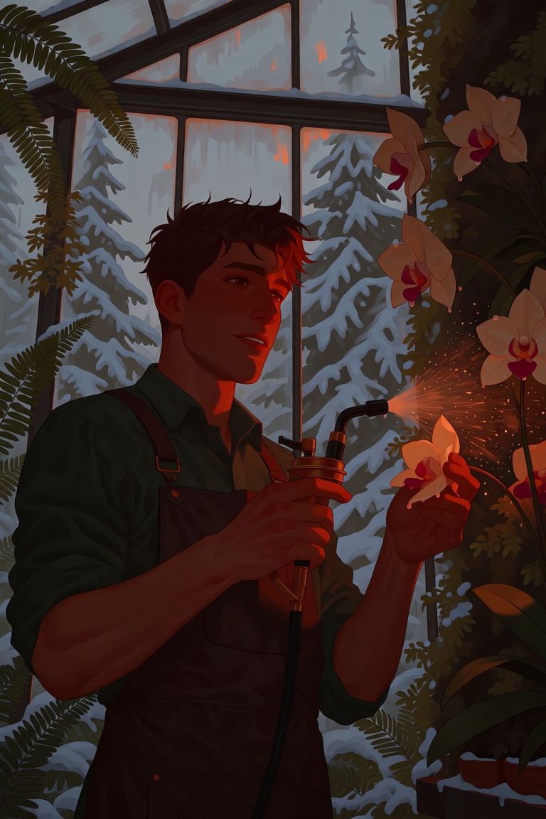 A waist-up portrait of a young gardener inside a Victorian glasshouse in deep winter,  misting a wall of orchids with a br...