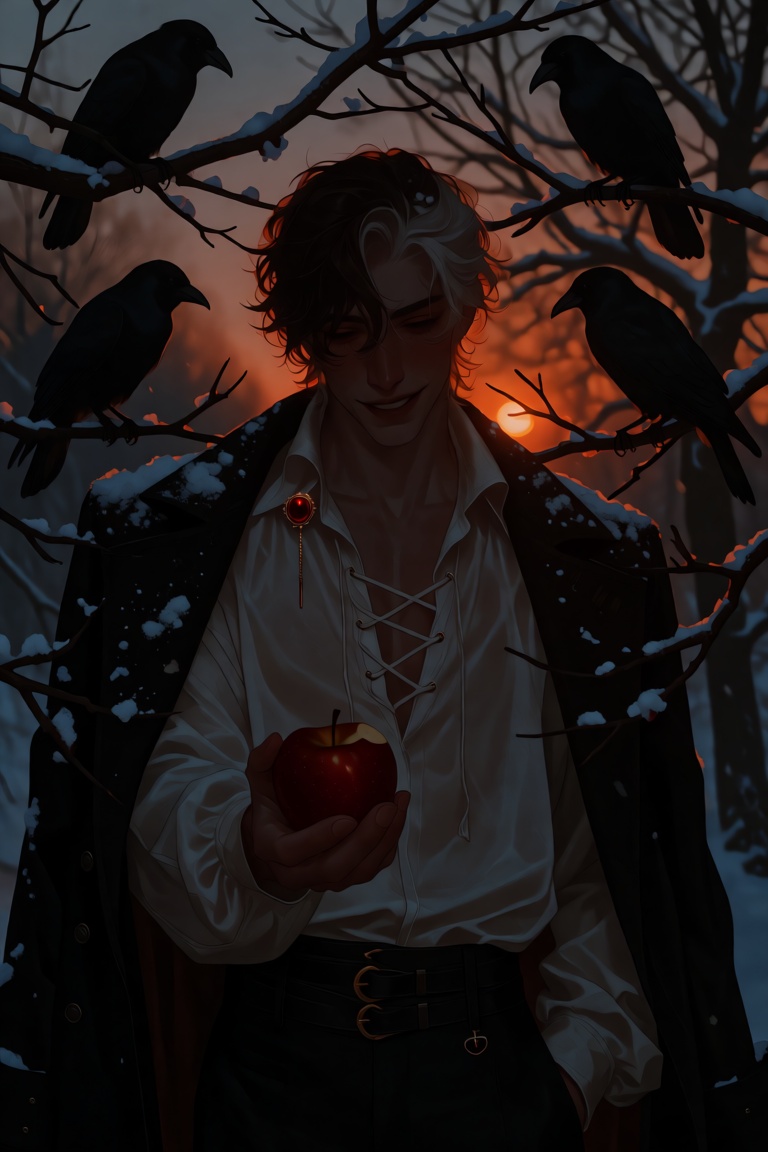 A wide moody portrait of a young man standing alone in a bare winter orchard at dusk,  black branches heavy with crows. He...
