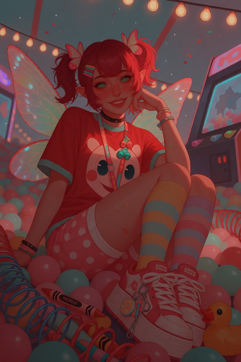 A whimsical,  high-detail fantasy portrait of a young fairy-touched woman sitting in a giant abandoned ball pit of oversiz...