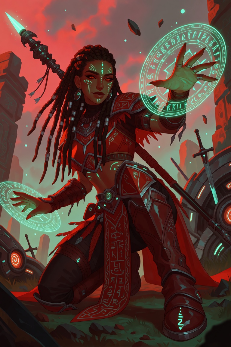 a fantasy shaman character for a digital artwork. She has green-tinted skin with intricate tribal face markings that glow...