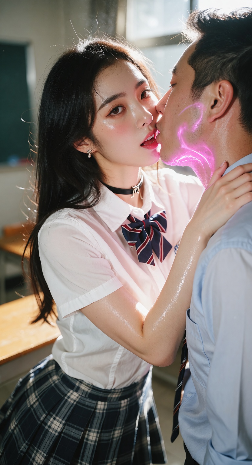 A photorealistic cowboy shot of one ***** Korean K-pop idol in a bright classroom,  looking at the viewer with a smile. Sh...