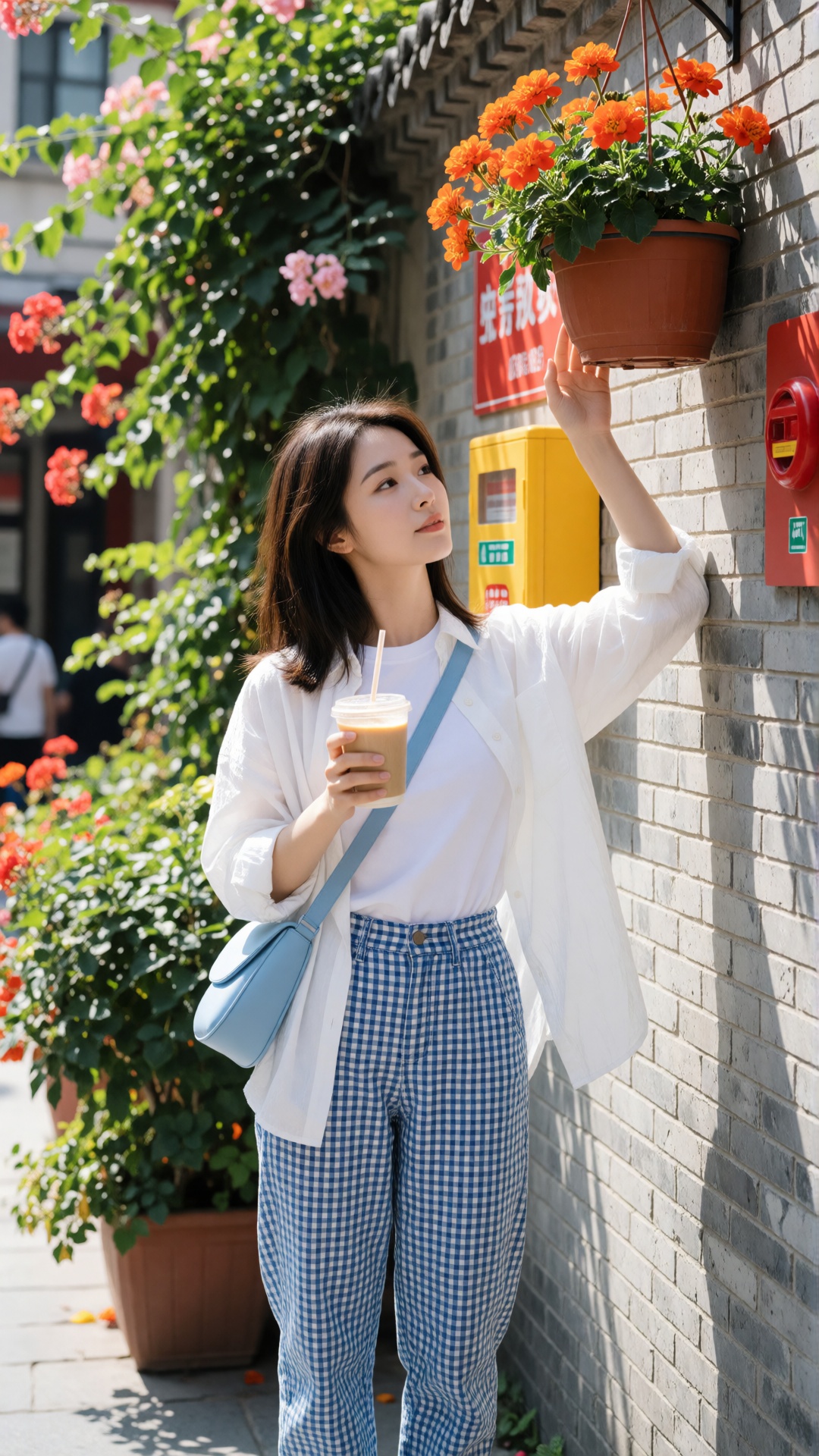 the image captures a young woman standing outdoors on a sunny day,  leaning against a light gray brick wall,  she has shou...