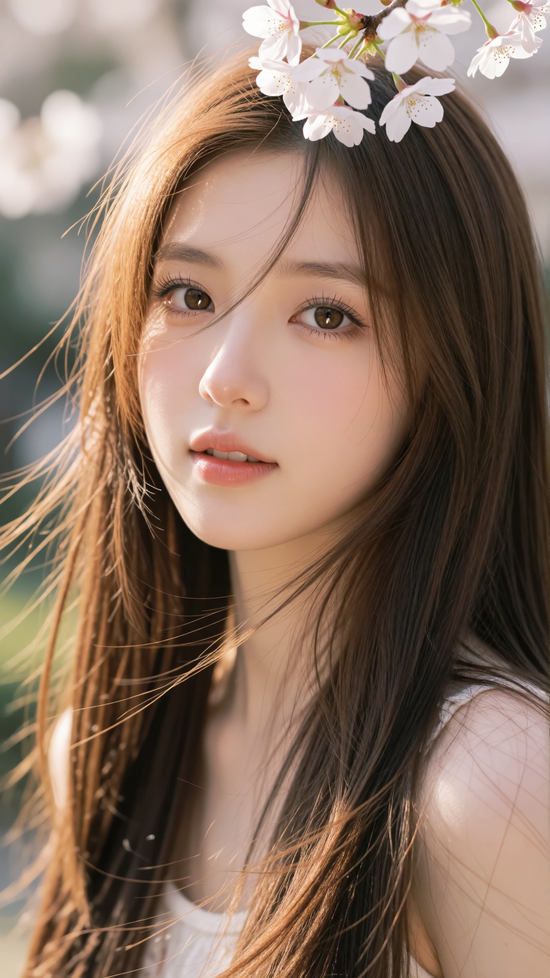 the image captures a close-up portrait of a young woman with long,  straight,  light brown hair gently framing her face on...