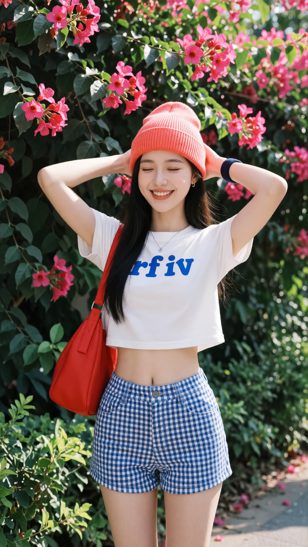 the image features a cheerful young woman standing outdoors in front of a vibrant backdrop of lush greenery and blooming p...