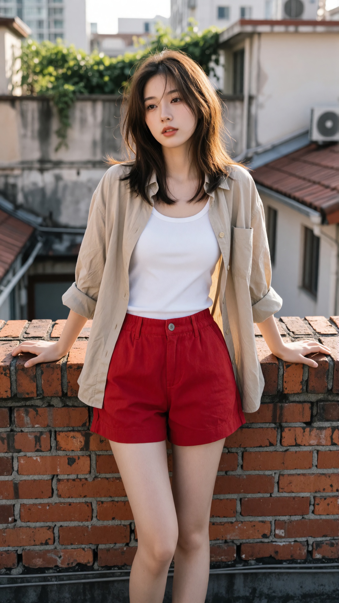 a young woman stands on a rooftop,  leaning casually against a red brick ledge,  she wears a white **** top layered under...