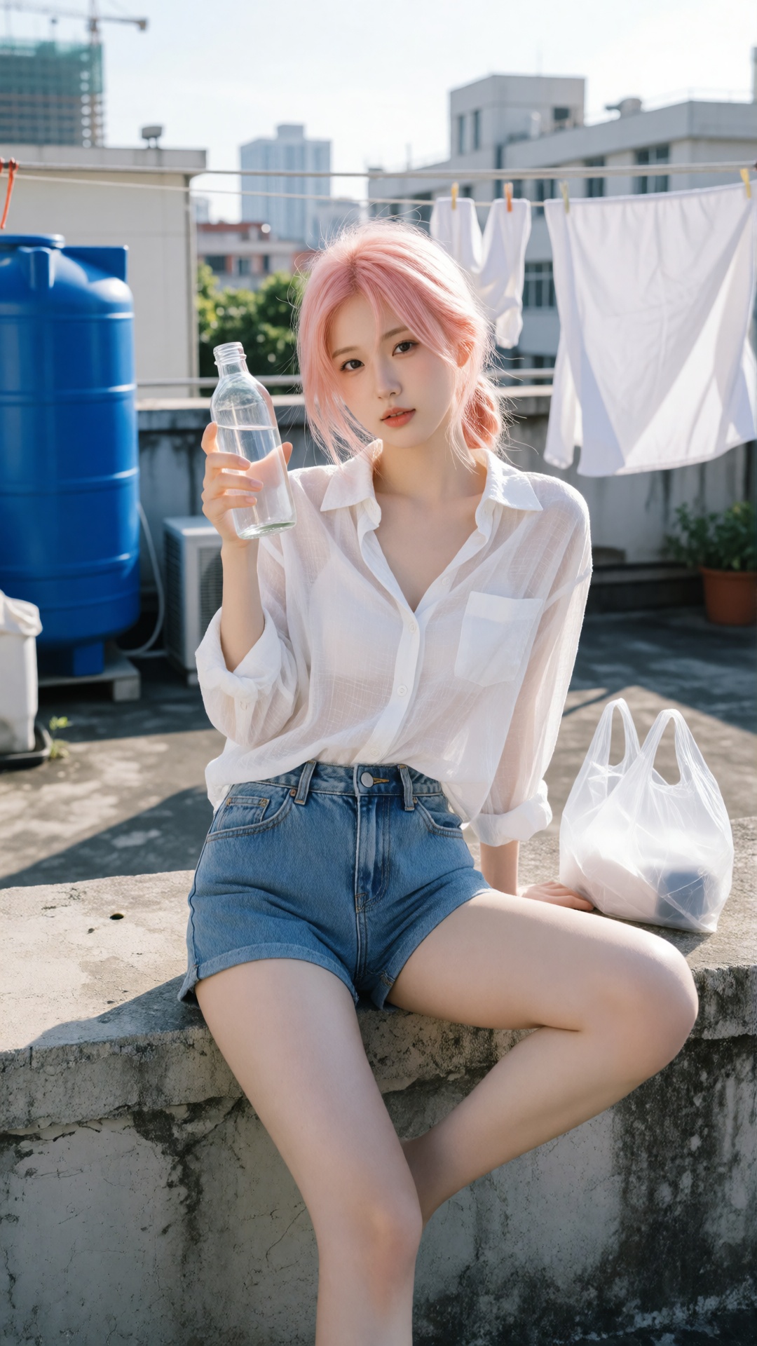 the image captures a young woman sitting casually on a concrete ledge under bright daylight,  she has soft pink hair tied...
