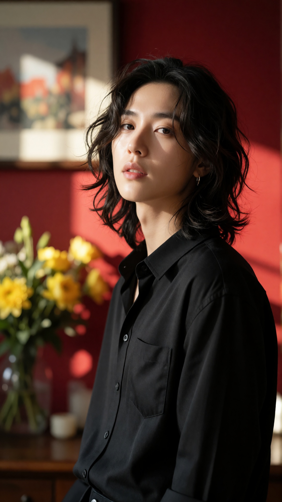 the image features a person with shoulder-length,  wavy dark hair,  wearing a black button-up shirt on Tensor.Art