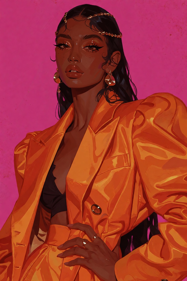 stylized editorial fashion illustration of a South Asian woman with warm brown skin,  sleek waist-length black hair with a...