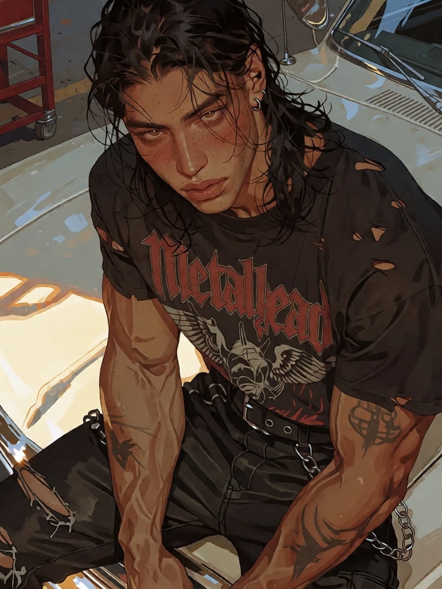 a gorgeous male,  with long black hair. he's a metalhead. wears a worn black metal band t-shirt from the 80s. his pants ar...
