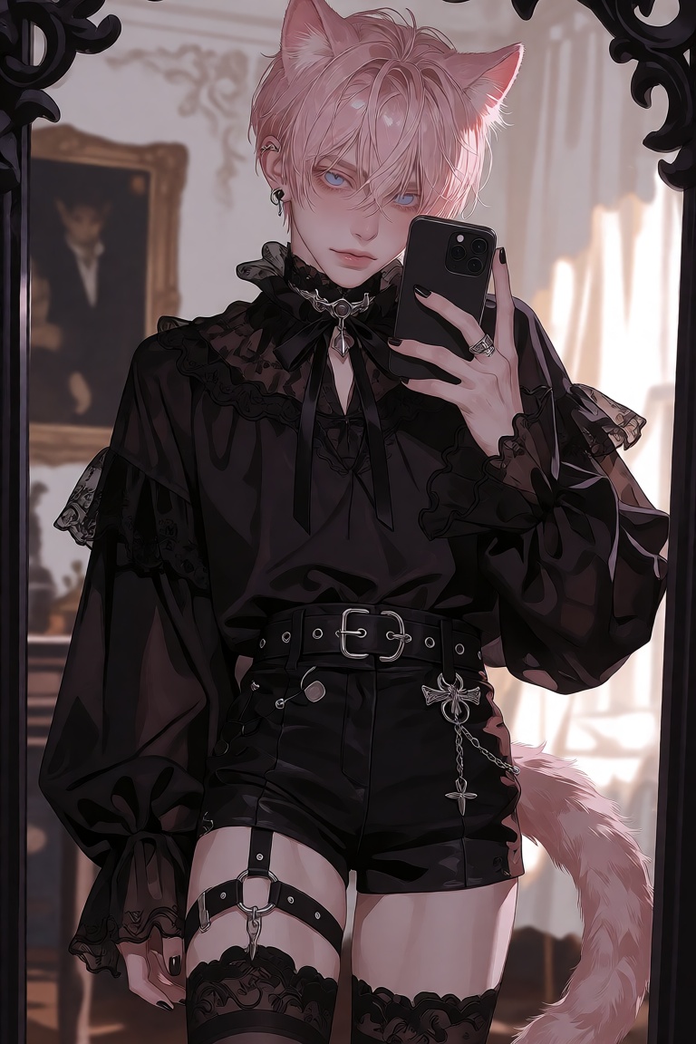 A young boy with short pink hair and striking blue eyes stands in front of a mirror,  holding a phone in one hand. He has...