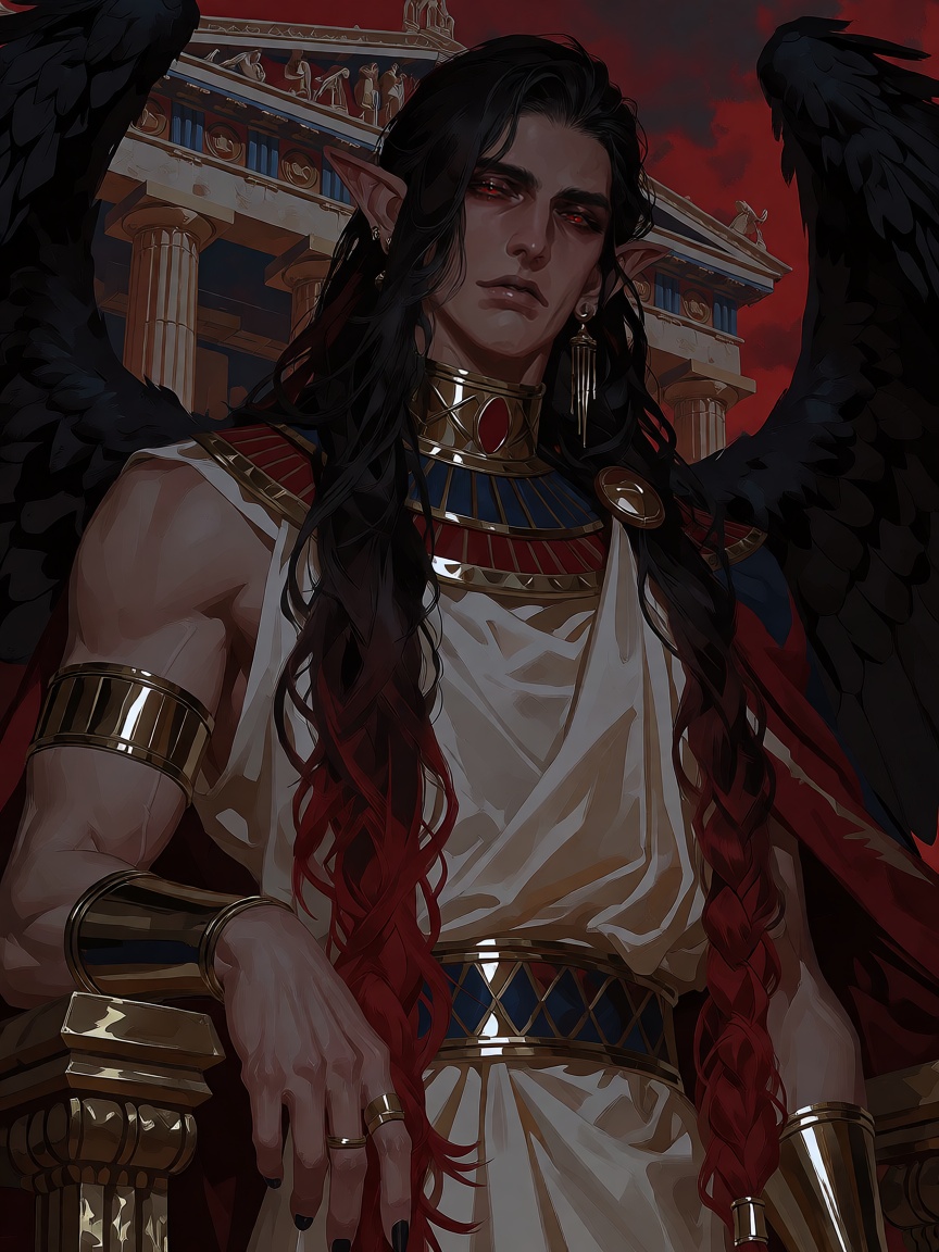 Create a scene where a mature male,  focusing on his crossdressing appearance,  stands calmly in an ancient Greek temple b...