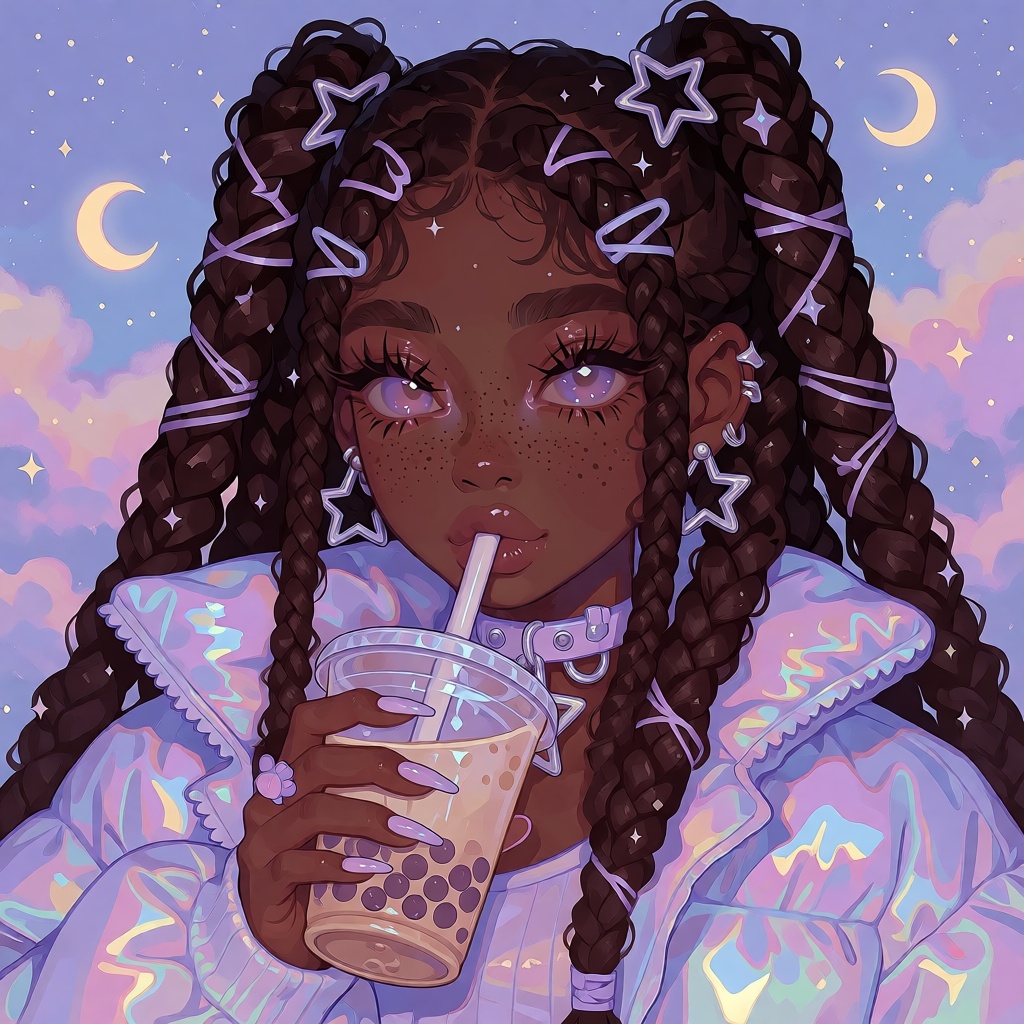 illustration of a young Black woman with rich espresso skin,  long glossy box braids with lavender and silver star clips,...