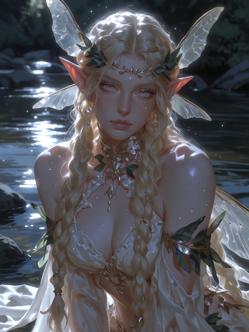 This is a highly detailed image of a gorgeous fairy woman with long blond braided hair,  glowing softly under silvery moon...