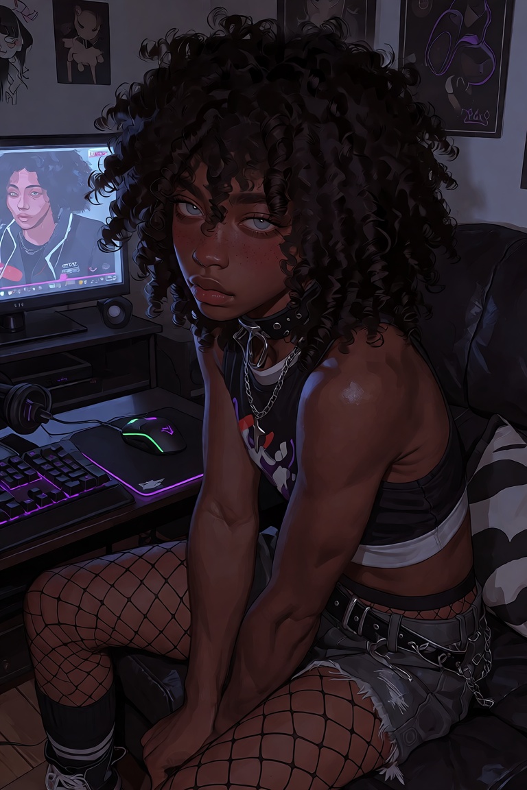Create a semi-realistic art piece featuring a lone African-American boy with long,  curly afro hair and dark skin. He has...