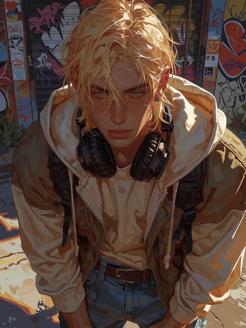 Create a pseudo-realistic image with stylized western elements of a young male with medium-length blonde hair and blue eye...