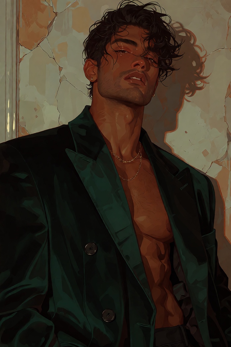 stylized editorial illustration of a Latino man with golden-tan skin,  tousled dark wavy hair,  light stubble on Tensor.Art