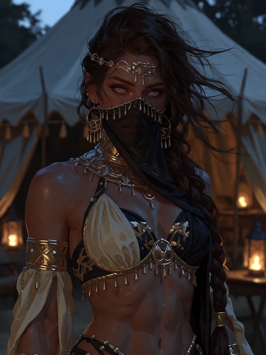 A close-up portrait of an ***** human female,  an exotic dancer with a slim build and striking feminine features. She has...