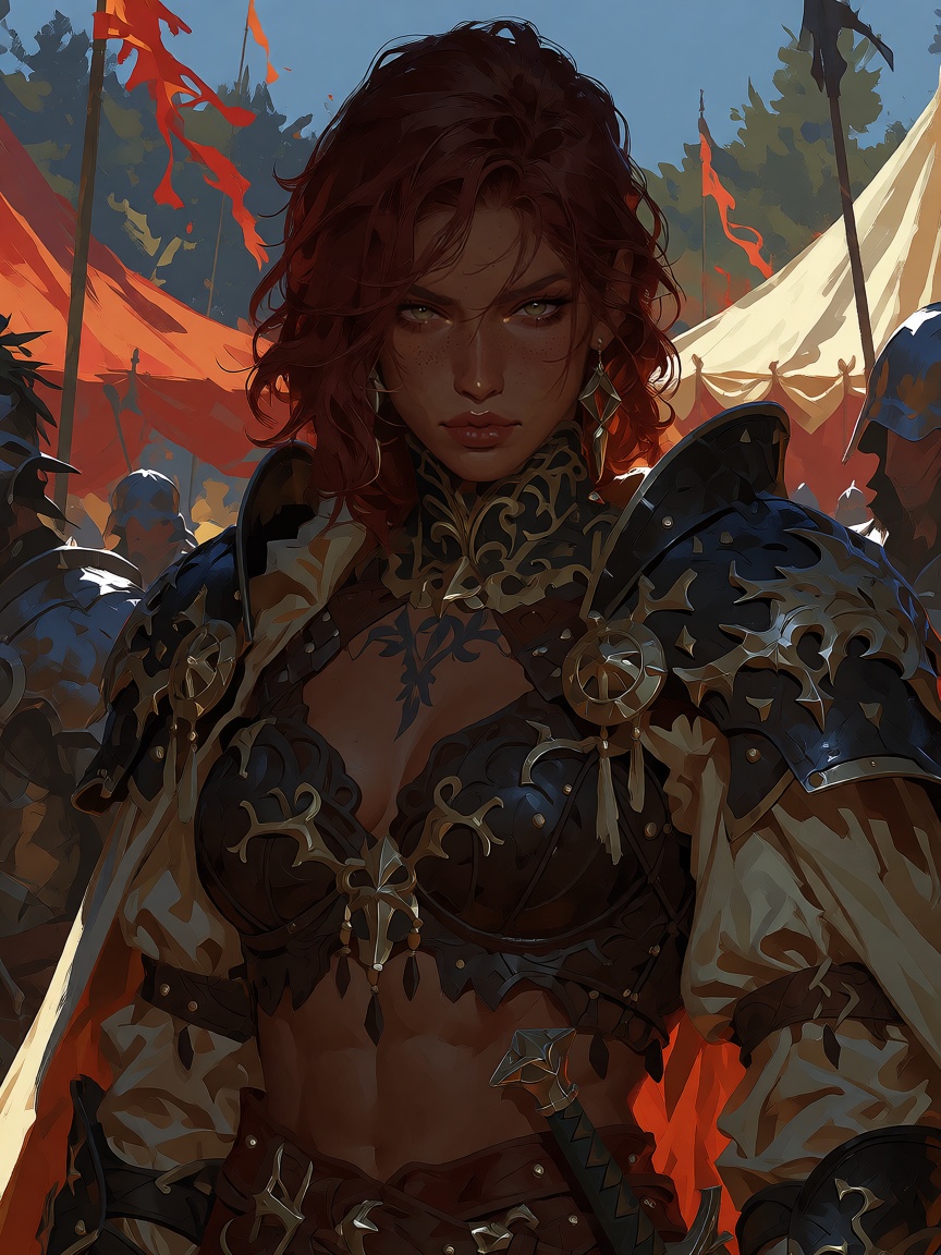 Create a medium portrait of a tall,  well-built warrior woman in her late twenties,  with medium-length auburn hair and st...