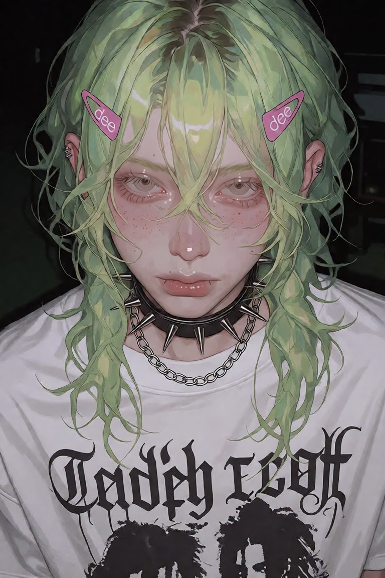 Create an image that captures a person with long,  wavy,  light green hair. They are wearing a white t-shirt adorned with...