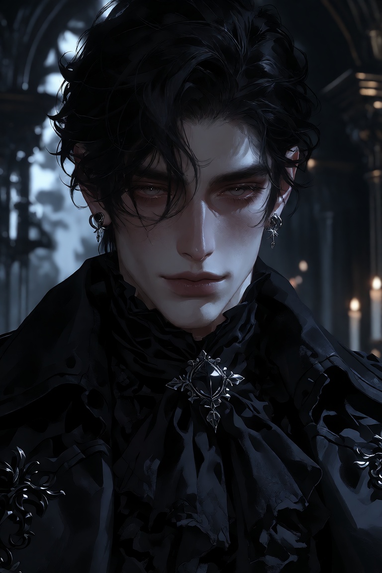 Create a half-body portrait of a pretty boy in a dark gothic setting,  emphasizing his pale elegant beauty and delicate ma...
