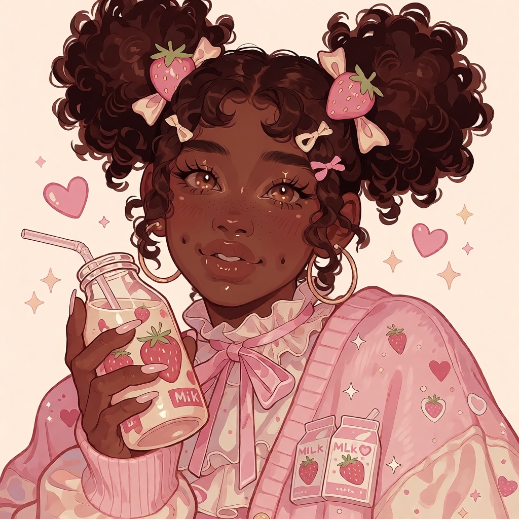 illustration of a young Black woman with deep brown skin and rosy blushing cheeks,  voluminous afro puffs tied with pink s...