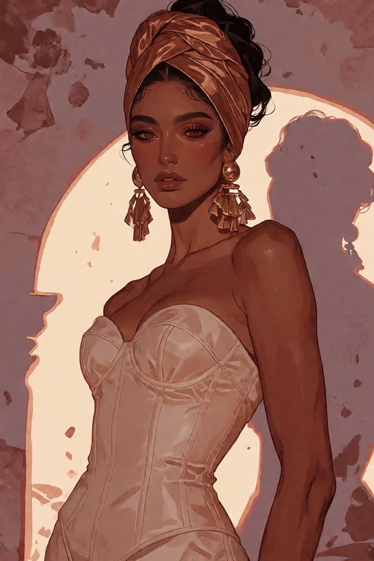 stylized editorial fashion illustration of an Arab woman with olive-brown skin,  strong arched brows,  kohl-rimmed eyes on...