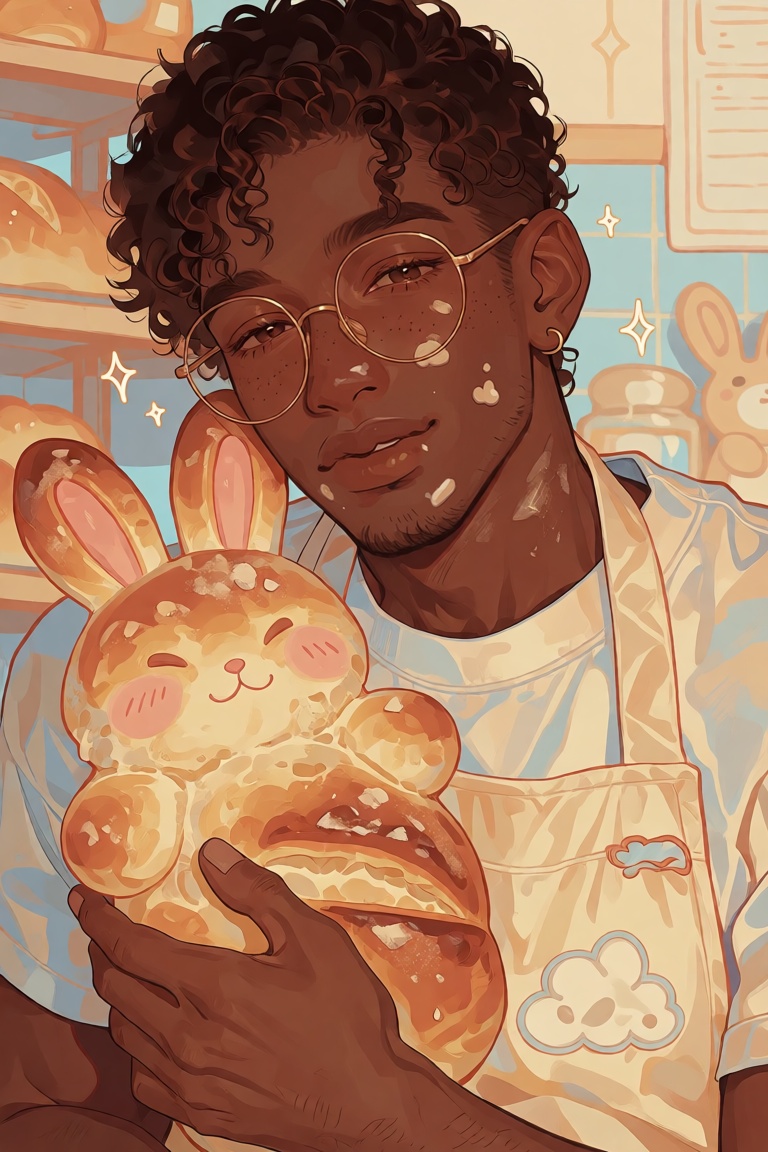 illustration of a young Black man with warm dark brown skin and a gentle sleepy smile,  soft tapered curls with a tiny flo...