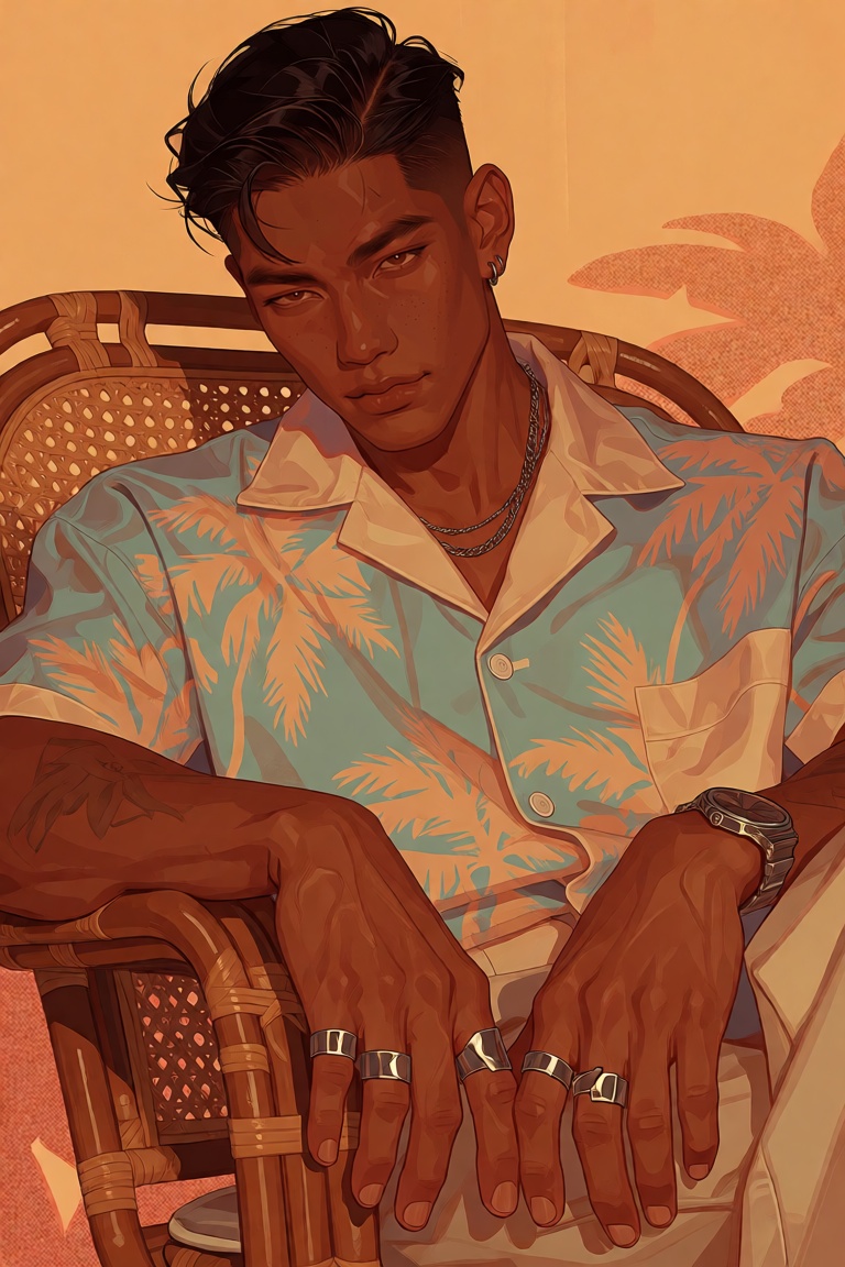 stylized editorial illustration of a Filipino man with warm caramel-brown skin,  a sharp undercut with a glossy black quif...