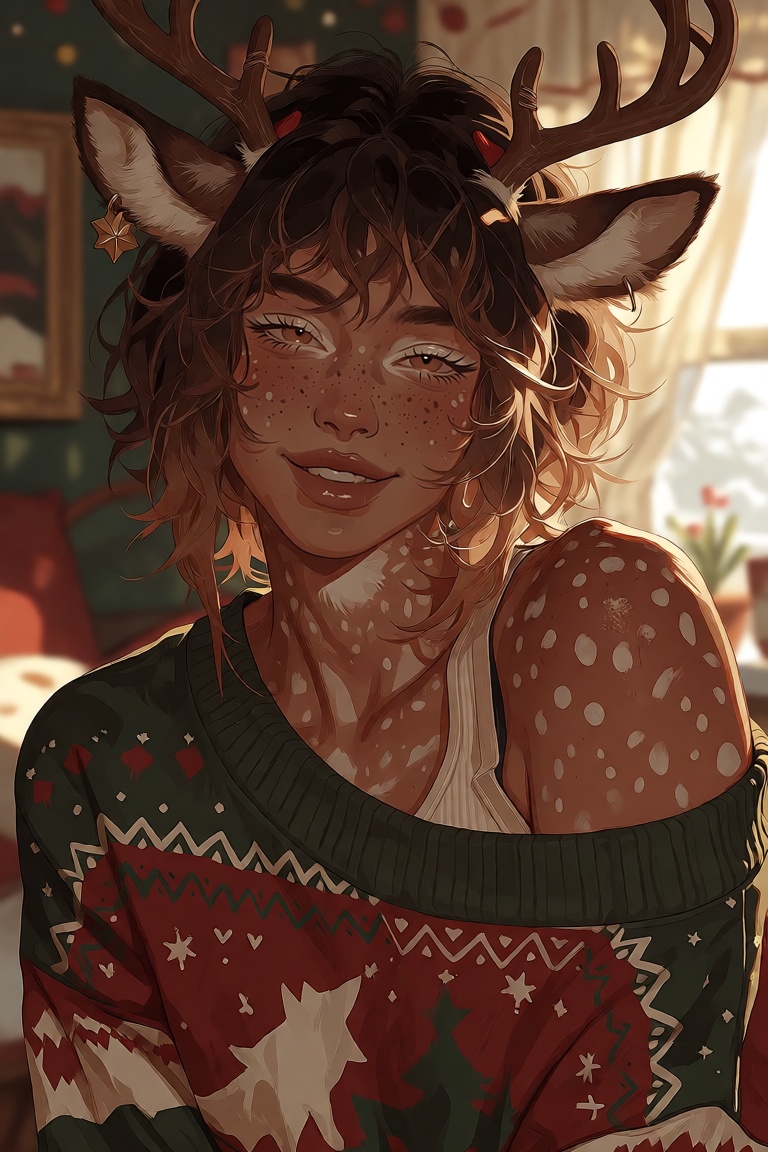 a portrait of a girl with reindeer ears,  reindeer antlers. She's a lovely half-human,  half-reindeer mature female. She i...