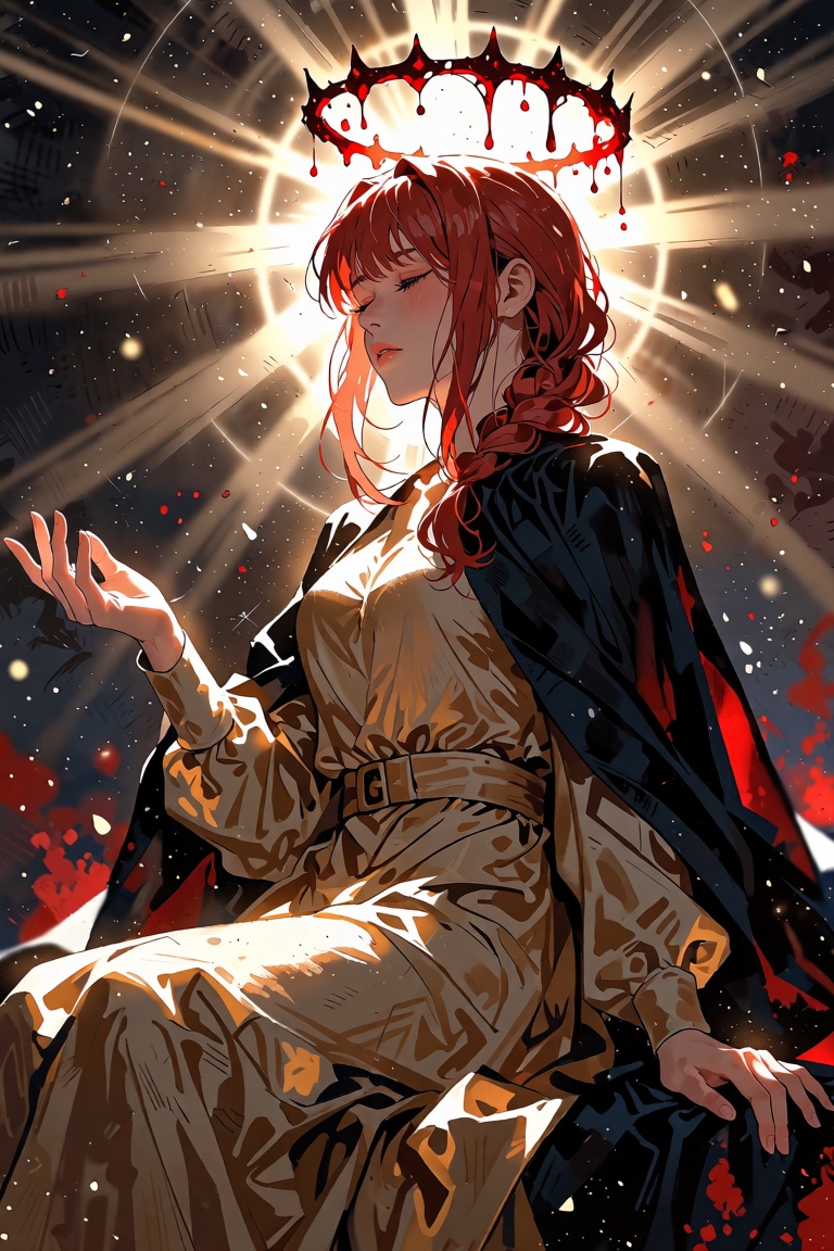 A dramatic,  painterly portrait of a serene red-haired woman Makima seated against a radiant halo of light,  eyes gently c...