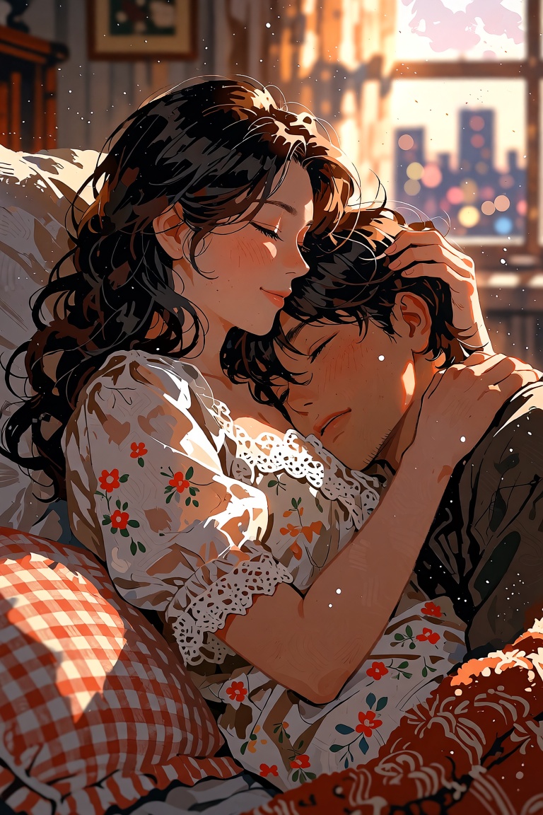 Intimate warm-toned digital painting of a tender couple cuddling in bed,  vertical portrait composition,  close-up on face...