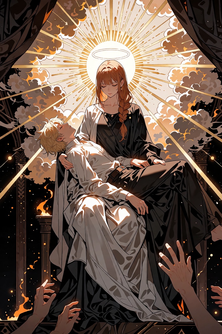 The image is a dramatic,  religiously inspired fantasy-anime illustration depicting a sorrowful,  angelic woman holding a...