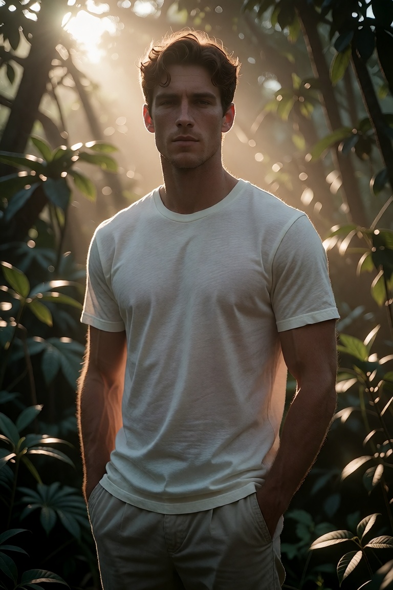 Extremely realistic photo of a handsome young man captured in a medium shot,  centered within a lush,  sun-drenched natura...
