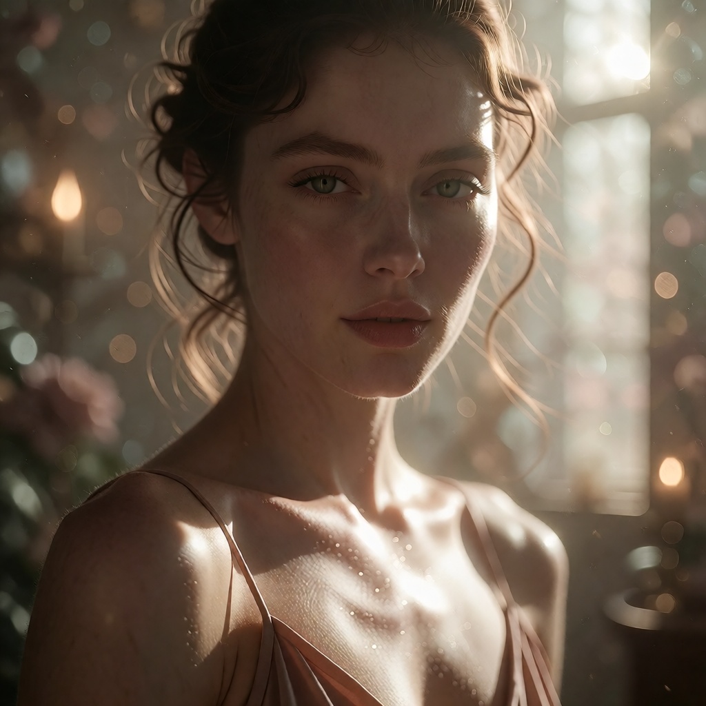 Extremely realistic photo of a stunning young woman captured in a close-up portrait,  looking directly at the camera with...