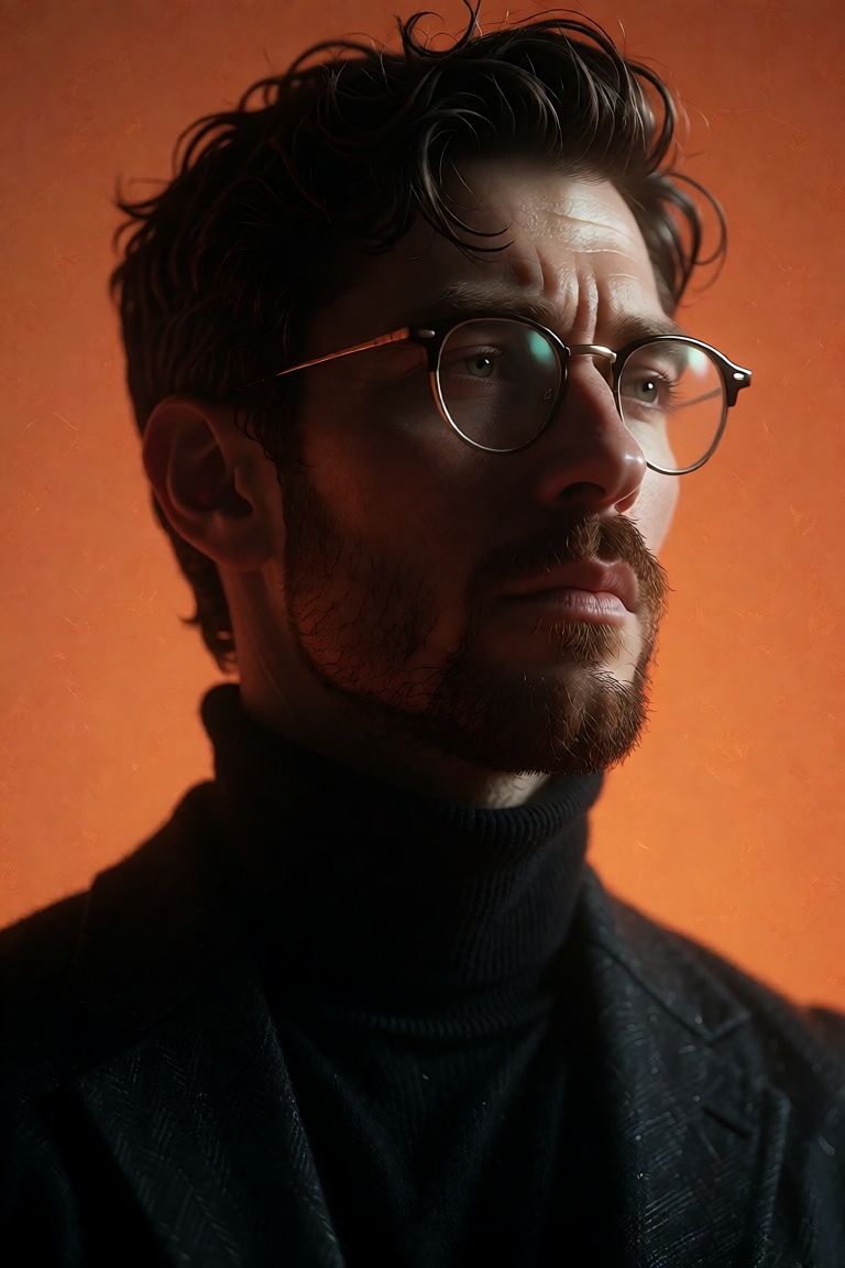 Extremely realistic photo of a close-up portrait,  framed from the mid-chest up,  capturing a man with a refined on Tensor...