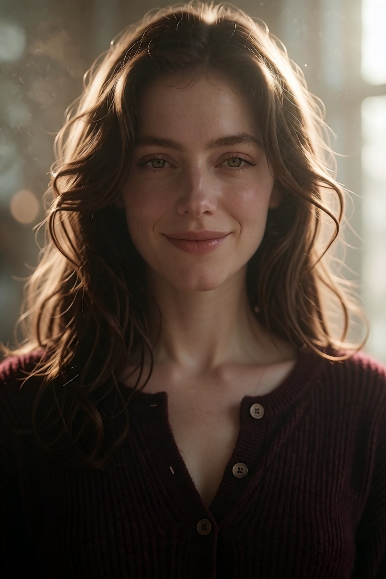 Extremely realistic photo of a stunning young woman captured in a beautiful,  symmetrical front-facing portrait,  framed f...