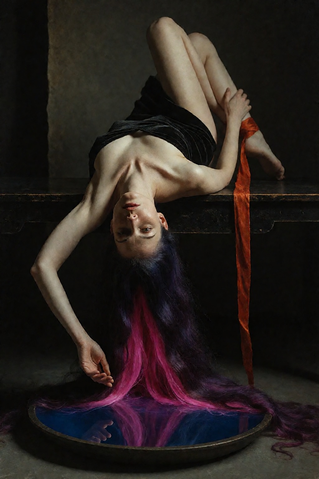 Three-quarter portrait of a striking ***** woman lying upside down across the edge of a narrow black lacquer platform,  he...