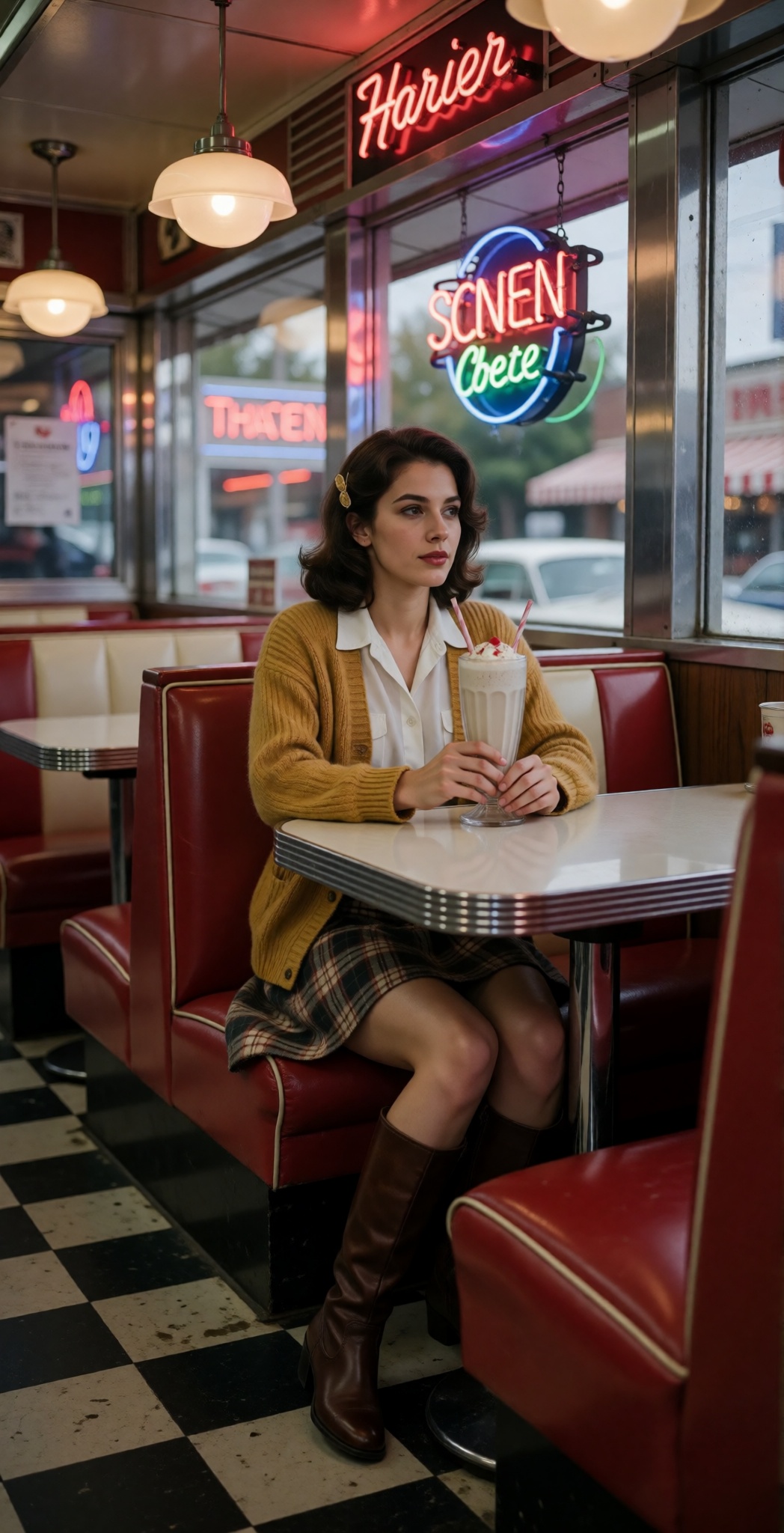 A beautiful woman in her 20s wearing a mustard cardigan,  white blouse,  plaid skirt and knee-high boots on Tensor.Art