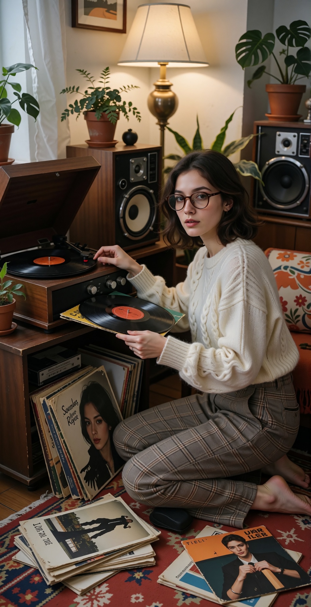 A beautiful woman in her 20s wearing a cream knit sweater,  look at viewer,  plaid trousers and round vintage glasses on T...