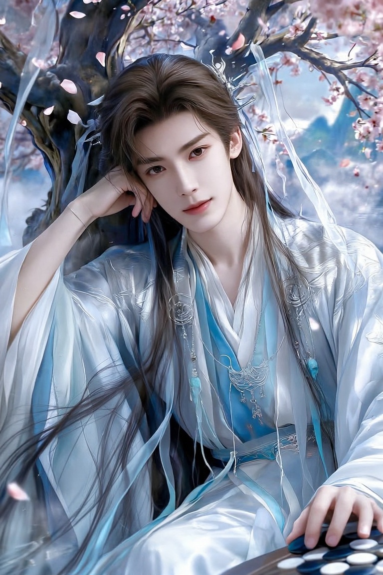 A handsome young ***** Chinese ancient-style male immortal,  elegant and ethereal appearance,  long light-brown hair flowi...